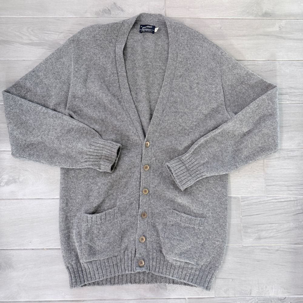 Puritan  XL Aquamatic Cardigan Sweater‎ 70 Wool 30 Polyester Grey Long Vintage